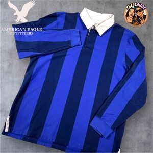 American Eagle Mens Rugby Shirt Long Sleeve Blue Navy Stripe Throwback Jersey XL